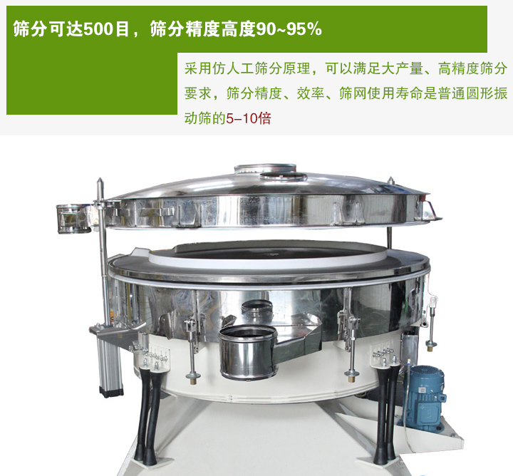 搖擺篩分機(jī)采用仿人工篩分原理，可以滿足大產(chǎn)量、高精度篩分 要求，篩分精度、效率、篩網(wǎng)使用壽命是普通圓形振 動(dòng)篩的5-10倍