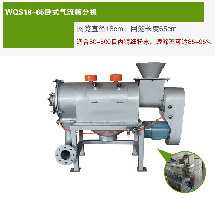 WQS18-65臥式氣流篩分機(jī)網(wǎng)籠直徑為18cm，網(wǎng)籠長(zhǎng)度為65cm